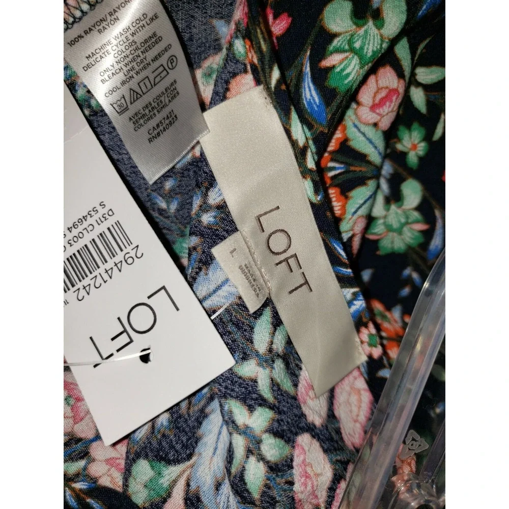 NEW Loft‎ L Navy Blue Floral V Back Puff Sleeve Top Cottage Boho Bloom Romantic